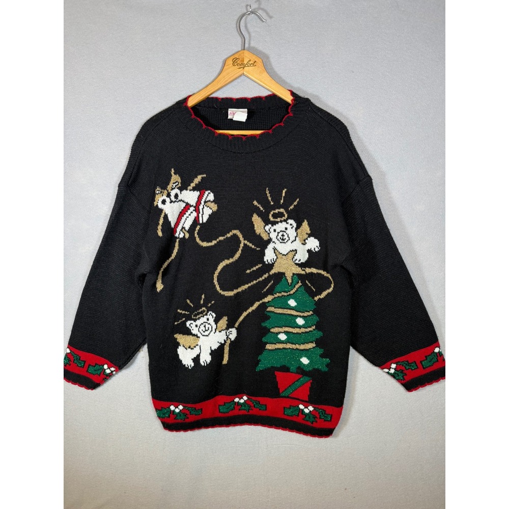Vintage Holiday Time Christmas Sweater Medium Black Angel Bear Tree USA Granny